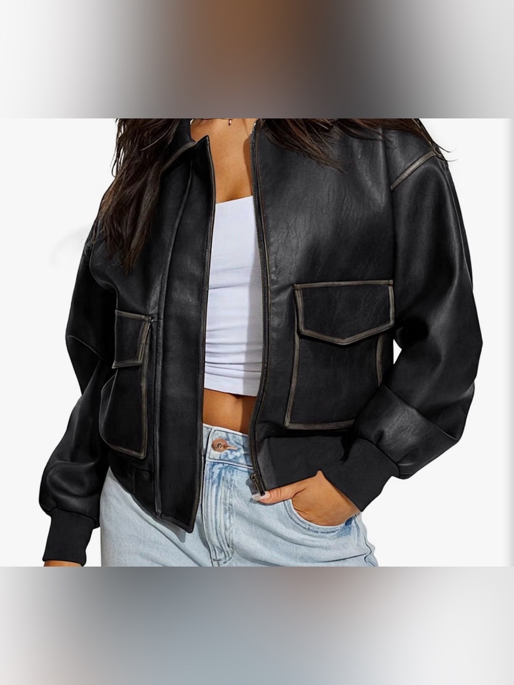 Black Faux Leather Oversized Bomber Jacket